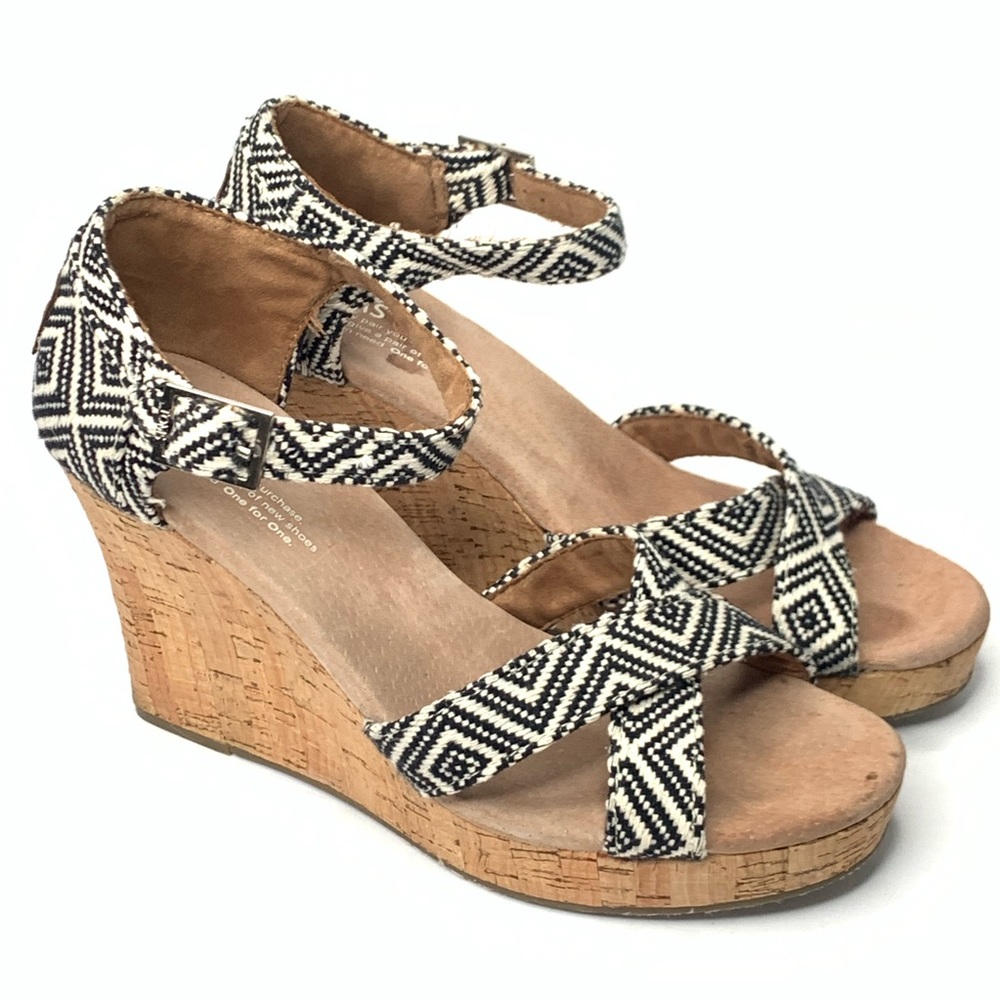 Toms Black and White Patterned Cork Wedge Sandals